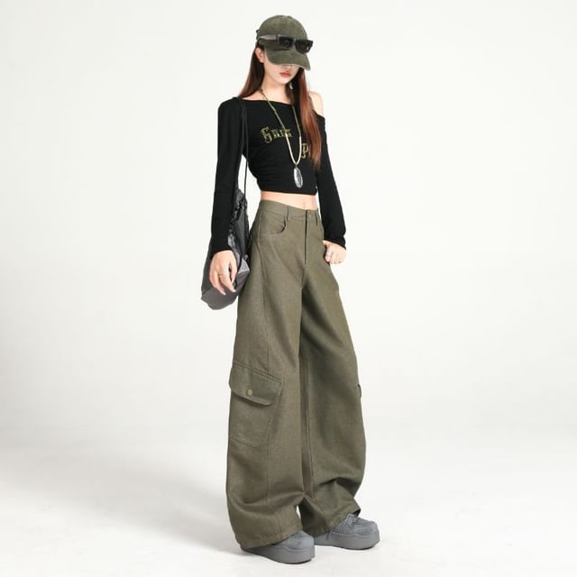 Mid Waist Plain Baggy Cargo Pants (Various Designs)