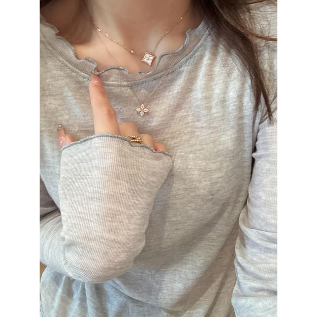 Lettuce-Edge Crew Neck Long Sleeve Fitted T-Shirt