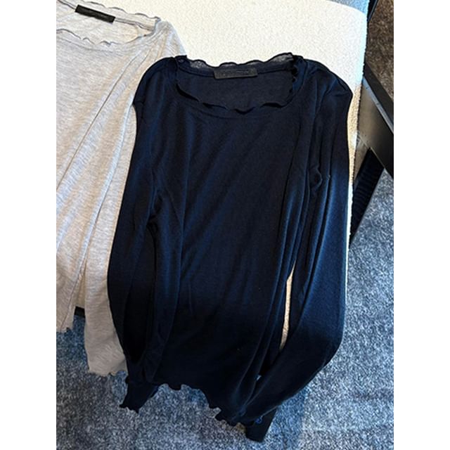Lettuce-Edge Crew Neck Long Sleeve Fitted T-Shirt