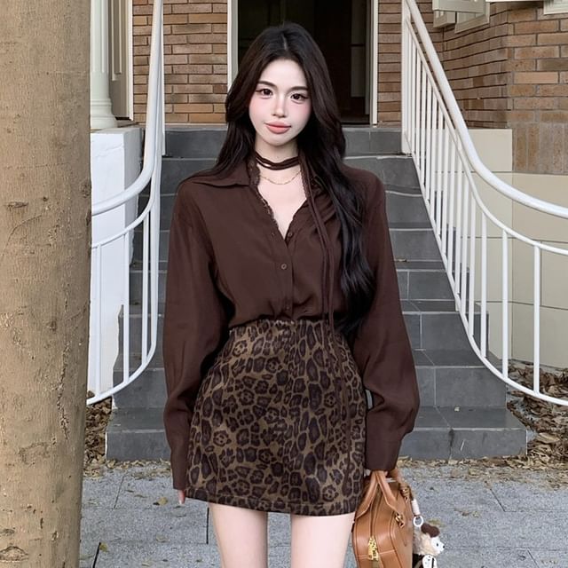 Puff-Sleeve Choker-Neck Button-Up Blouse / Leopard Mini A-Line Skirt