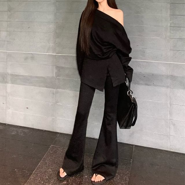 Two-Piece Set: Cold-Shoulder Asymmetric Slit Blouse & Flared Pants