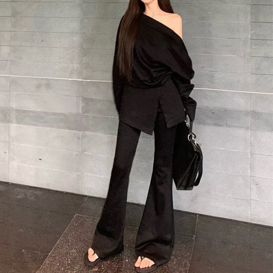Two-Piece Set: Cold-Shoulder Asymmetric Slit Blouse & Flared Pants