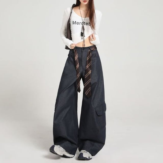 Mid Waist Plain Baggy Cargo Pants (Various Designs)