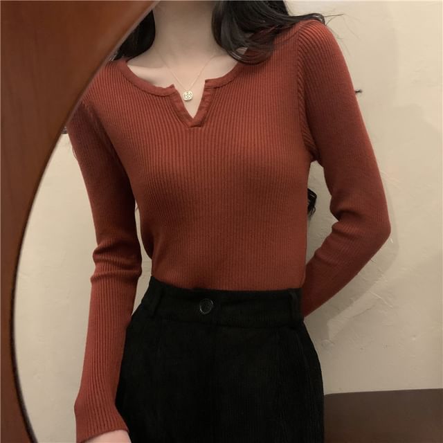 Notch-Neck Long-Sleeve Ribbed Knit Tee