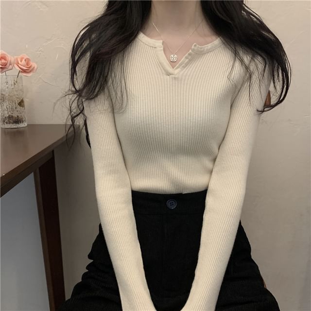 Notch-Neck Long-Sleeve Ribbed Knit Tee