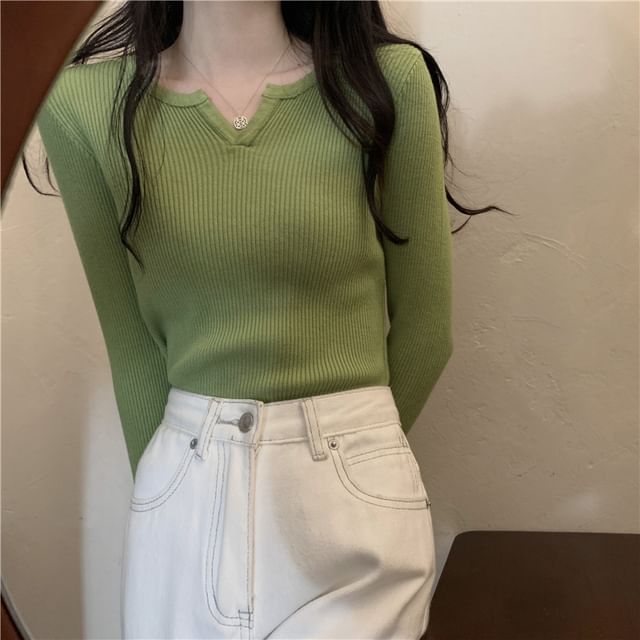 Notch-Neck Long-Sleeve Ribbed Knit Tee