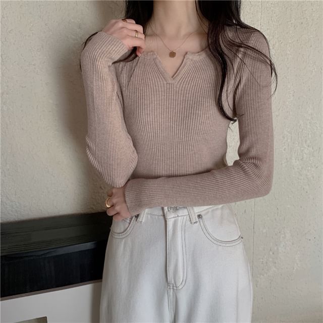 Notch-Neck Long-Sleeve Ribbed Knit Tee