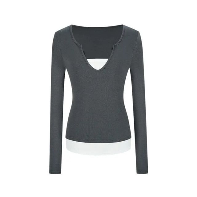 Notch Neck Mock Two-Piece Long Sleeve T-Shirt