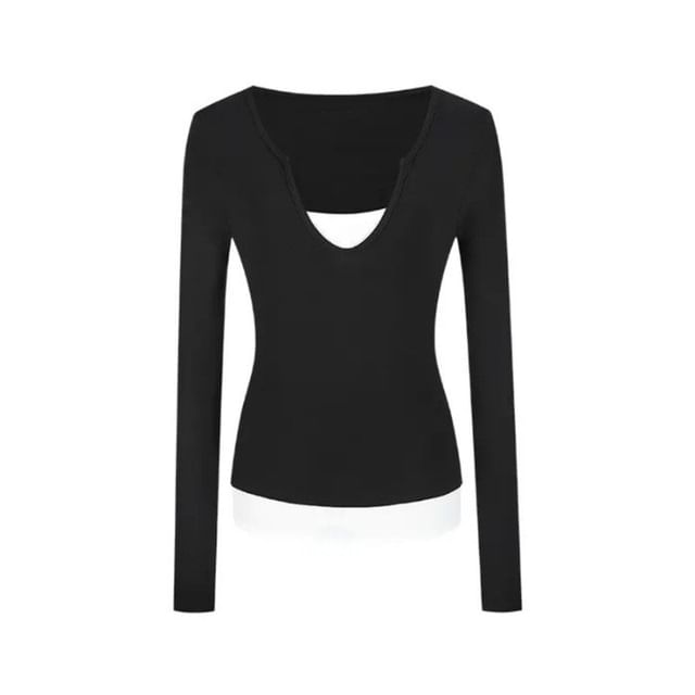 Notch Neck Mock Two-Piece Long Sleeve T-Shirt