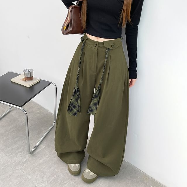 High Waist Plain Loose-Fit Wide-Leg Cargo Pants