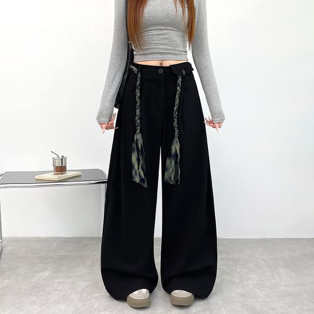 High Waist Plain Loose-Fit Wide-Leg Cargo Pants