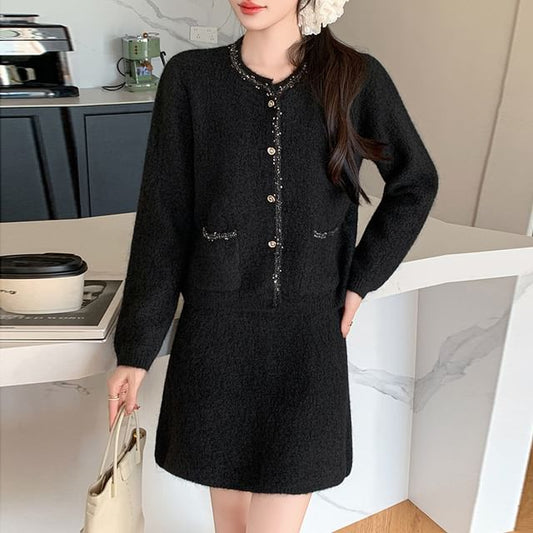 Set: Tweed Sequin Trim Button-Up Jacket + Mini Skirt