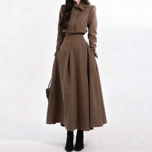 Set: Long-Sleeve Plain Crop Shirt + High Waist Midi A-Line Skirt