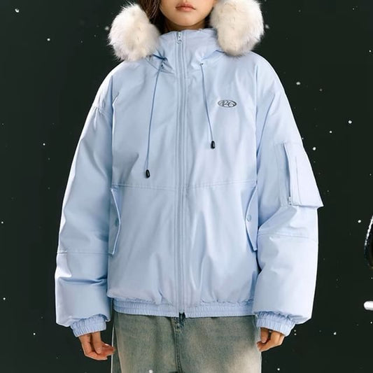 Stand Collar Drawstring Fluffy Trim Padded Zip Jacket