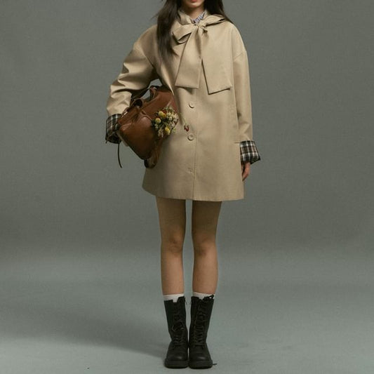 Plaid Panel Bow Single-Breasted Trench Coat