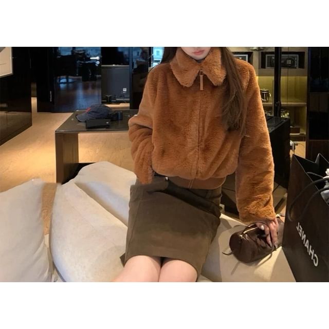 Collar Plain Fleece Zip Jacket