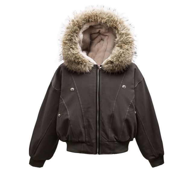 Contrast Stitching Fleece-Lined Fluffy Trim Hooded Zip Jacket