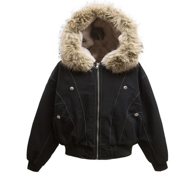 Contrast Stitching Fleece-Lined Fluffy Trim Hooded Zip Jacket