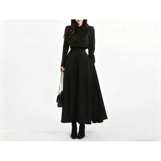 Set: Long-Sleeve Plain Crop Shirt + High Waist Midi A-Line Skirt