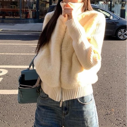 Mock Two-Piece Turtleneck Plain Fleece Panel Ribbed Zip Cardigan