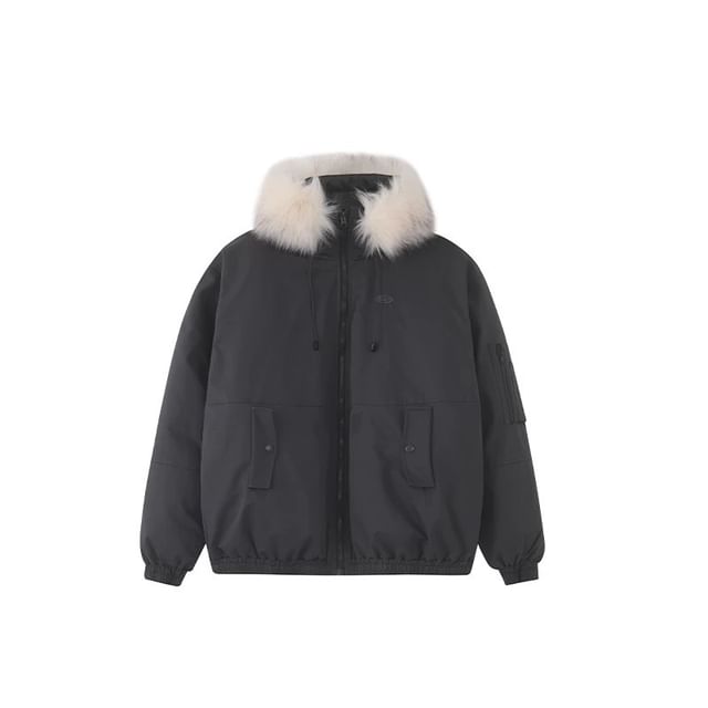Stand Collar Drawstring Fluffy Trim Padded Zip Jacket