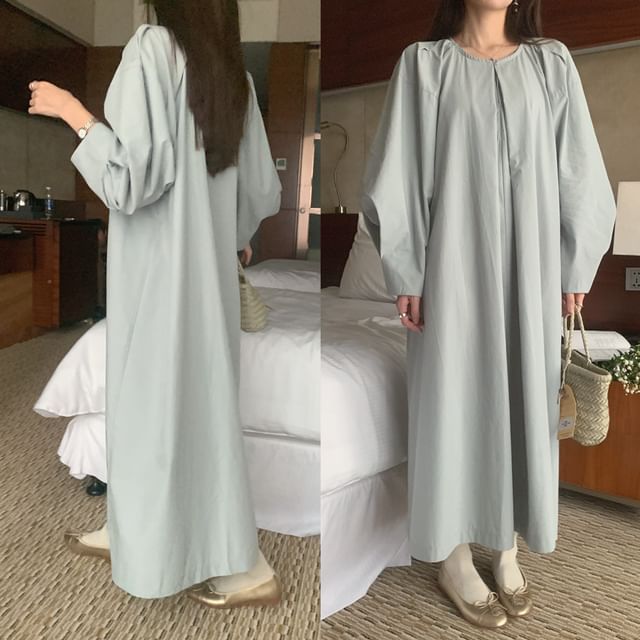 Long-Sleeve Crewneck Plain Maxi A-Line Dress