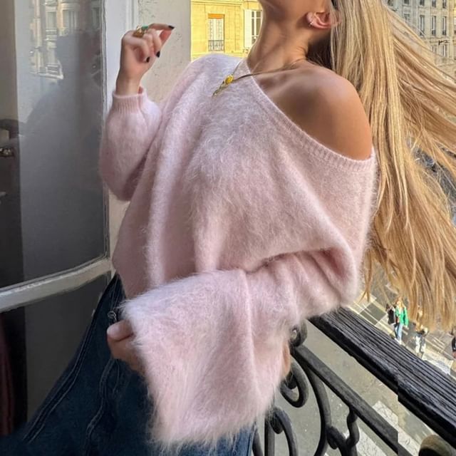 One-Shoulder Plain Sweater
