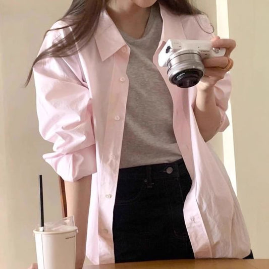 Button-Up Shirt with Long Sleeves, Solid Color, Classic Collared Design
