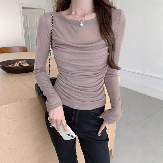 Mesh Panel Ruched Crew Neck Tee, Long Sleeves, Solid Color, Slim Fit