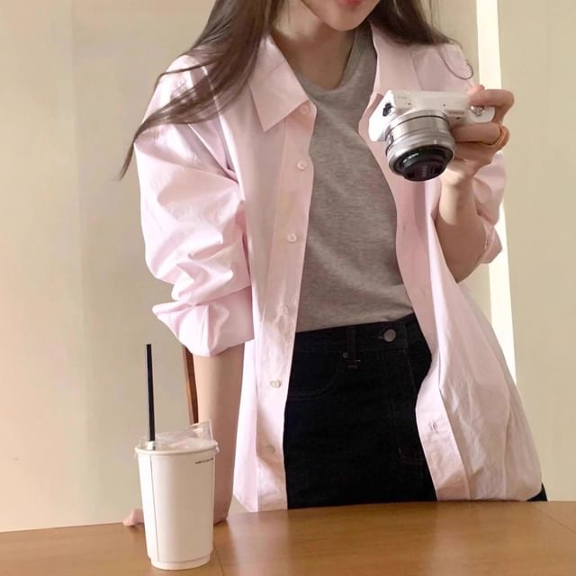 Button-Up Shirt with Long Sleeves, Solid Color, Classic Collared Design