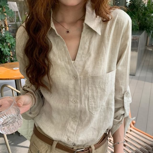 V-Neck Collared Button-Up Blouse, Long Sleeves, Solid Color, Elegant Fit