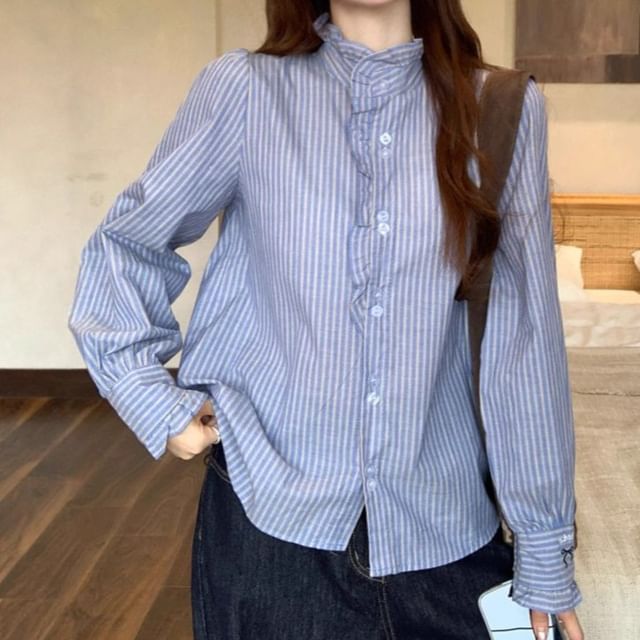 Stand Collar Striped Blouse with Frill Trim, Button-Up, Long Sleeves