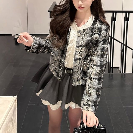Plaid Tweed Jacket / Mini A-Line Skirt / Long-Sleeve Plain Blouse