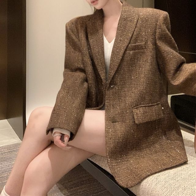 Notch Lapel Tweed Single-Breasted Blazer