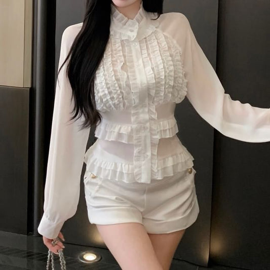 Stand Collar Long Sleeve Solid Ruffle Trim Blouse & High Waist Solid Shorts