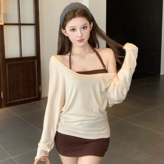 V-Neck Long Sleeve Solid T-Shirt & Halter Neck Solid Camisole & High Waist Mini Pencil Skirt Set