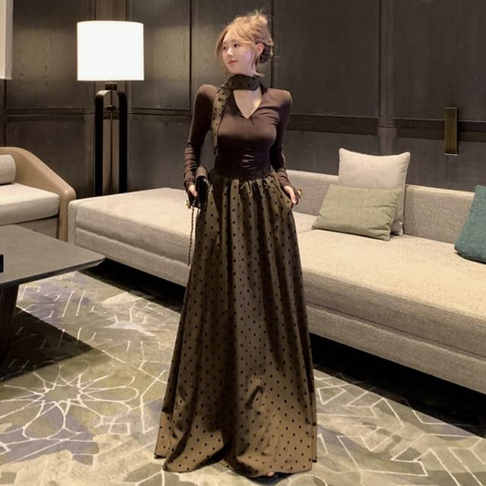 Long Sleeve V-Neck Solid Top & High Rise Dotted Maxi A-Line Skirt