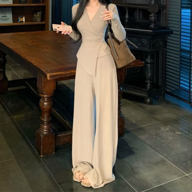 Set: V-Neck Long Sleeve Solid Asymmetric Tee & High Rise Solid Wide Leg Pants