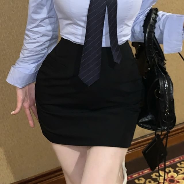 Collared Long Sleeve Solid Neck Tie Shirt & High Waist Solid Mini Pencil Skirt