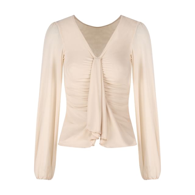 V-Neck Long Sleeve Solid Ruched Blouse