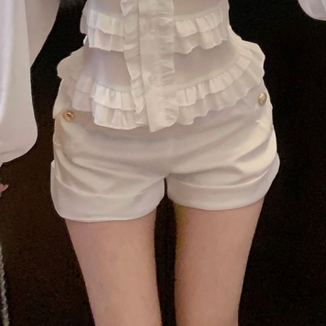 Stand Collar Long Sleeve Solid Ruffle Trim Blouse & High Waist Solid Shorts