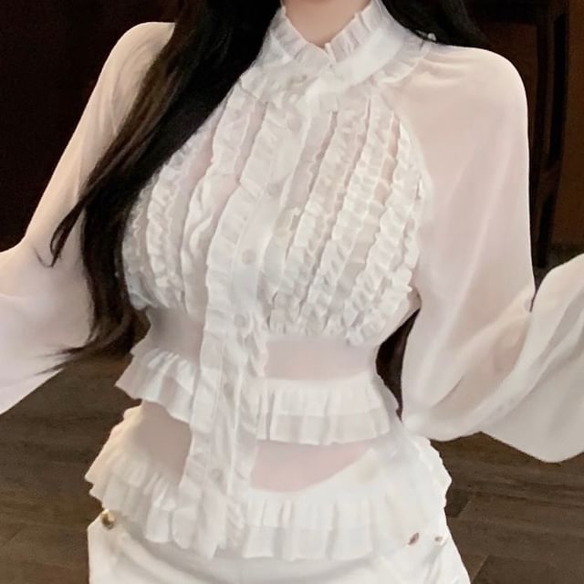 Stand Collar Long Sleeve Solid Ruffle Trim Blouse & High Waist Solid Shorts