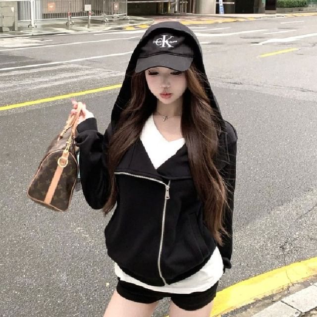 Solid Asymmetric Zip-Up Hooded Sweatshirt