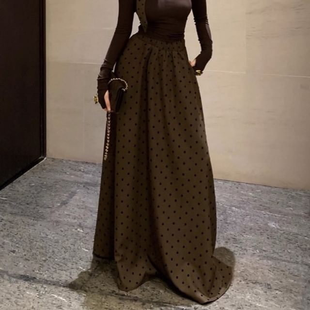 Long Sleeve V-Neck Solid Top & High Rise Dotted Maxi A-Line Skirt