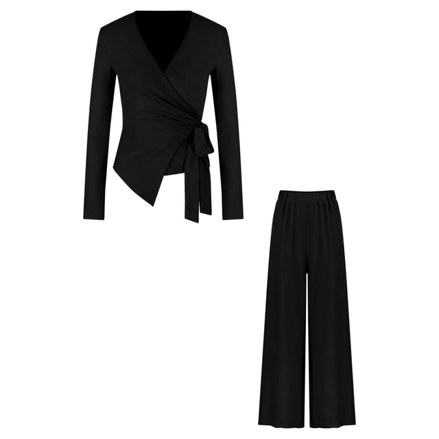 Set: V-Neck Long Sleeve Solid Asymmetric Tee & High Rise Solid Wide Leg Pants