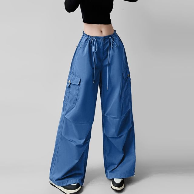 Drawstring Waist Plain Wide Leg Cargo Pants (Various Designs)