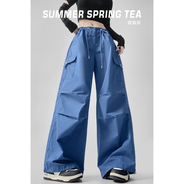 Drawstring Waist Plain Wide Leg Cargo Pants (Various Designs)