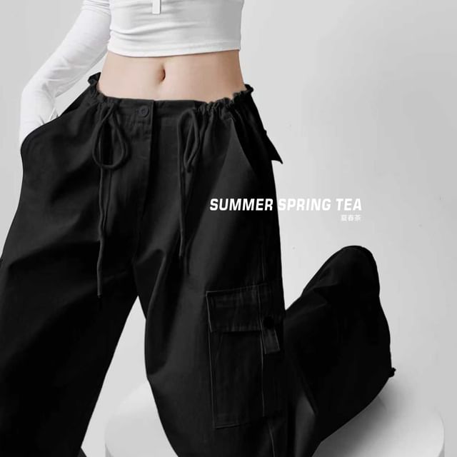 Drawstring Waist Plain Wide Leg Cargo Pants (Various Designs)