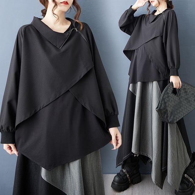 Asymmetric Zip Accent Long Sleeve Blouse & High Waist Paneled Midi A-Line Skirt