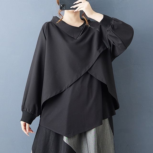 Asymmetric Zip Accent Long Sleeve Blouse & High Waist Paneled Midi A-Line Skirt